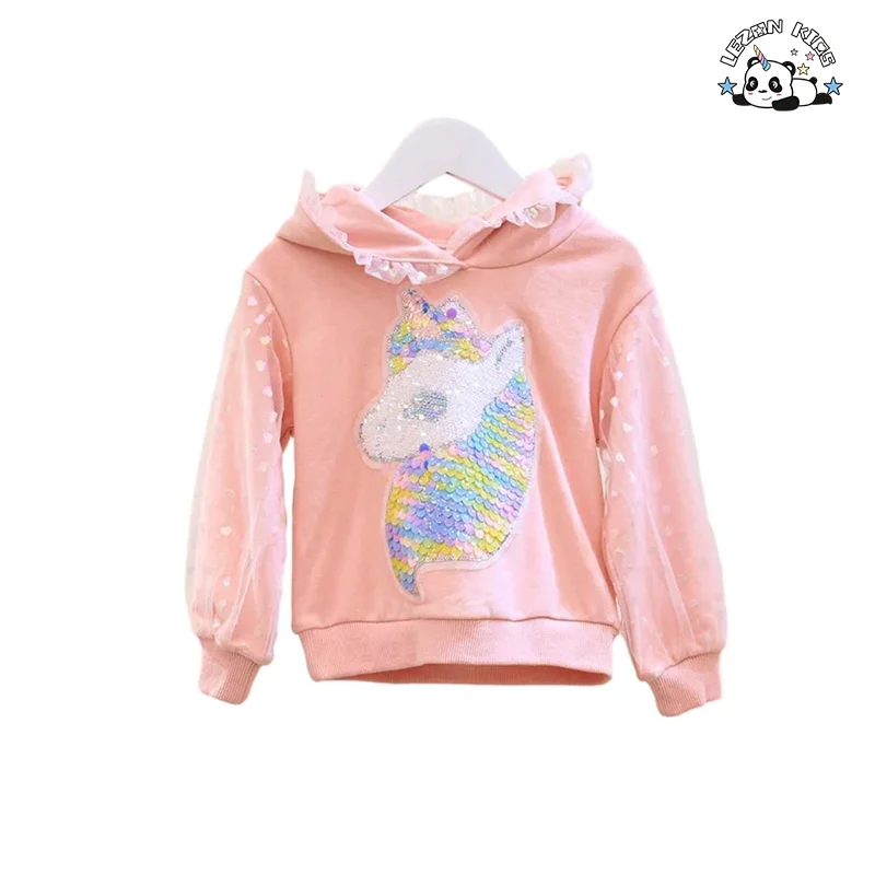 LEZONKIDS - New Fashion Kids Clothing Girls Sequined Unicorn Hoodie Denim Pearl Pants